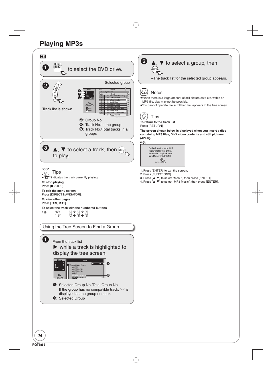 Playing mp3s, Tips, Using the tree screen to find a group | Panasonic DIGA DMR-EZ47V User Manual | Page 24 / 100