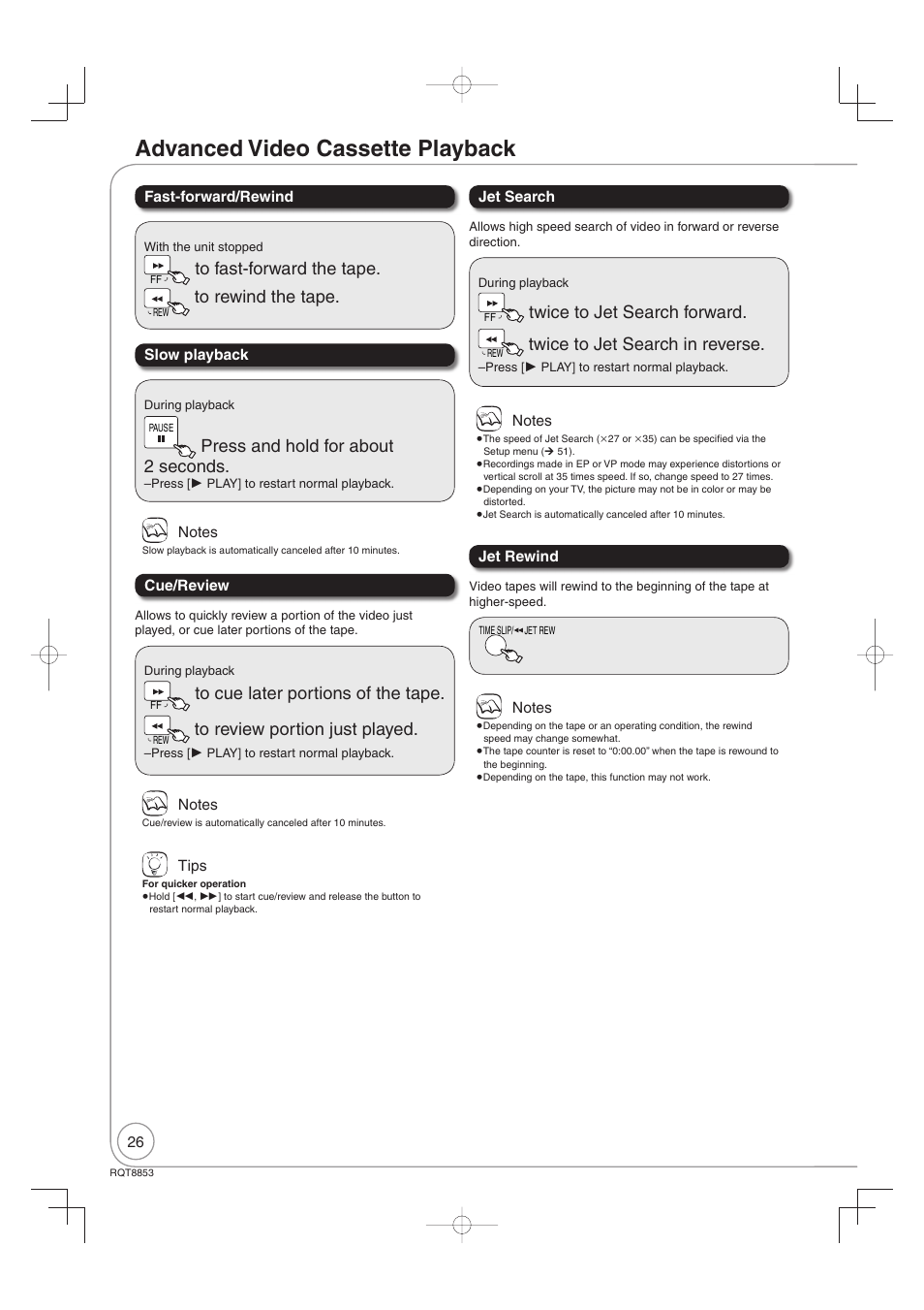 Advanced video cassette playback, Press and hold for about 2 seconds, Twice to jet search forward | Twice to jet search in reverse | Panasonic DIGA DMR-EZ47V User Manual | Page 26 / 100