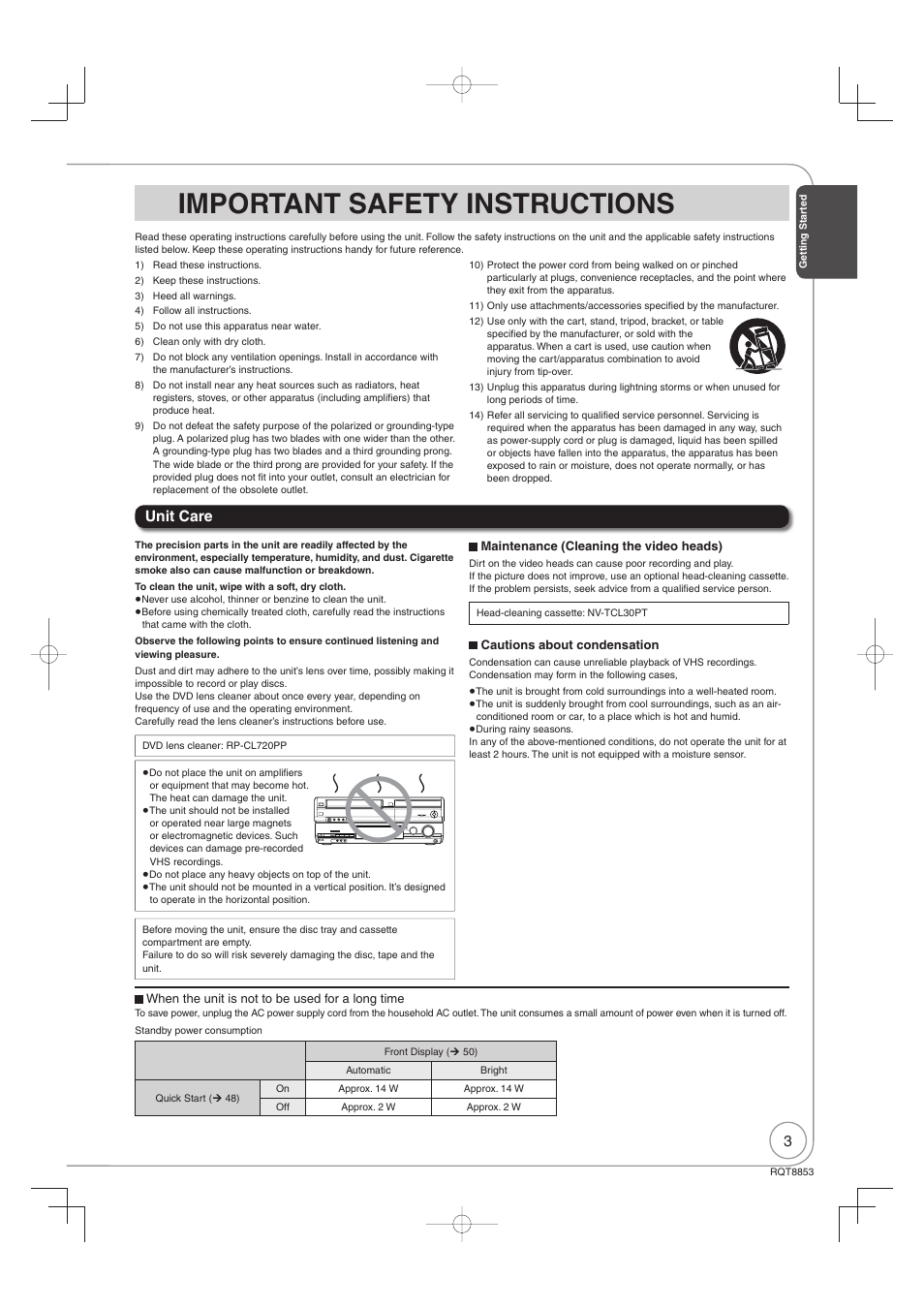 Important safety instructions, Unit care | Panasonic DIGA DMR-EZ47V User Manual | Page 3 / 100