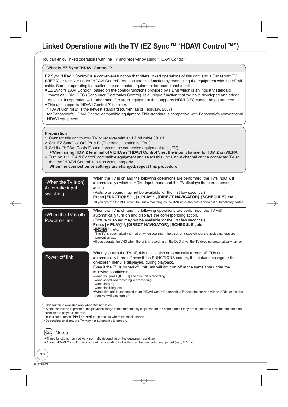 Linked operations with the tv (ez sync, Hdavi control | Panasonic DIGA DMR-EZ47V User Manual | Page 32 / 100