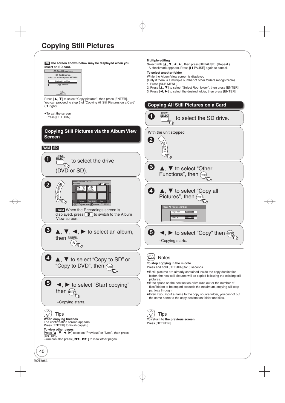 Copying still pictures, Copying still pictures via the album view screen, Copying all still pictures on a card | Tips | Panasonic DIGA DMR-EZ47V User Manual | Page 40 / 100