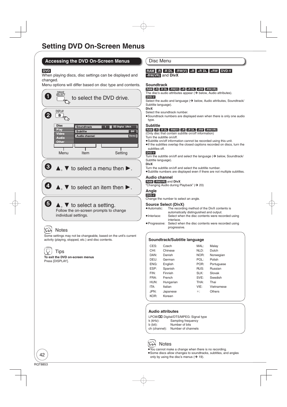 Setting menus, Setting dvd on-screen menus, Accessing the dvd on-screen menus | Tips | Panasonic DIGA DMR-EZ47V User Manual | Page 42 / 100