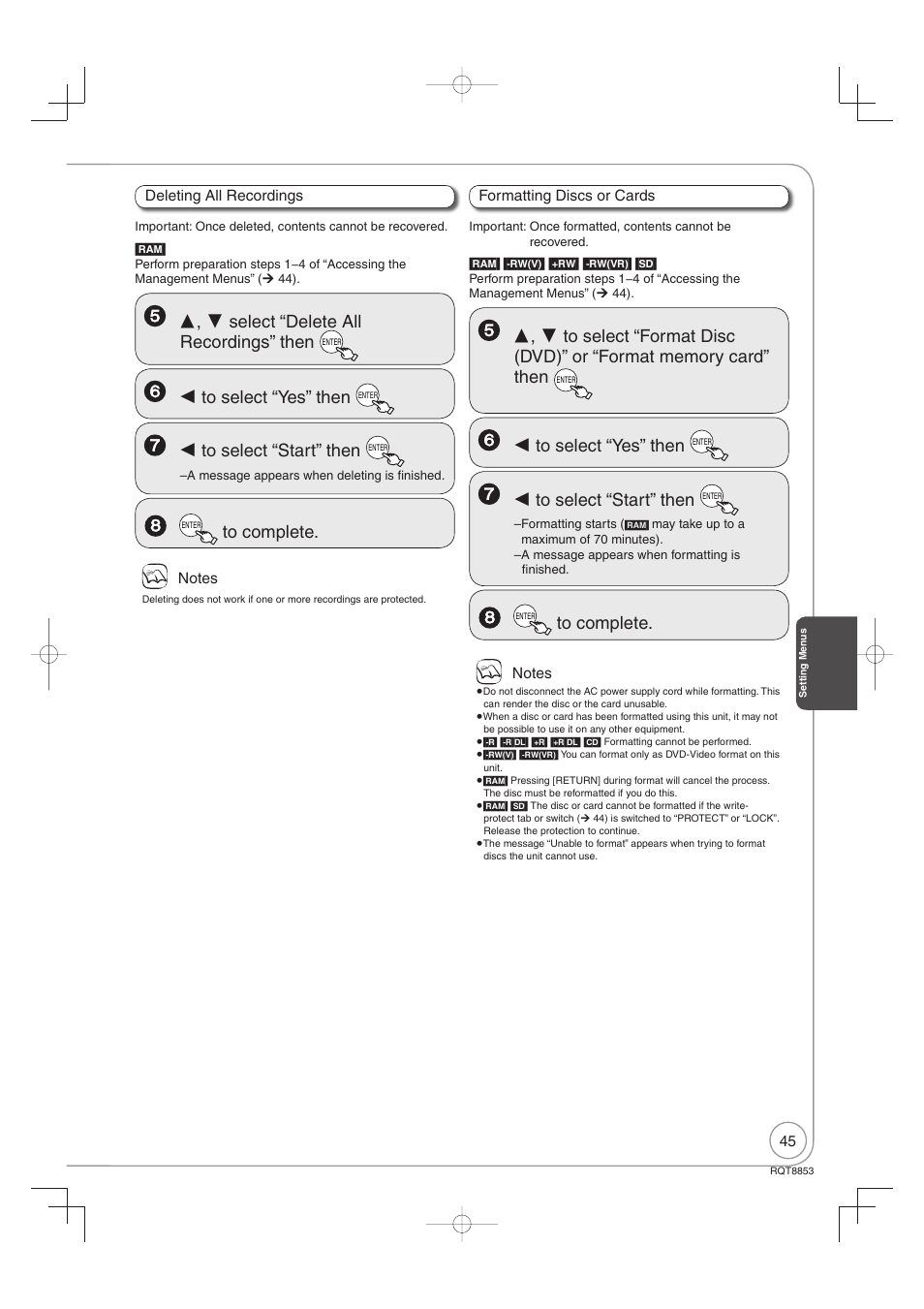 Select “delete all recordings” then | Panasonic DIGA DMR-EZ47V User Manual | Page 45 / 100