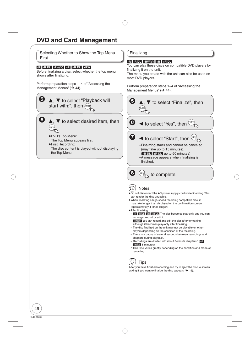 Dvd and card management | Panasonic DIGA DMR-EZ47V User Manual | Page 46 / 100