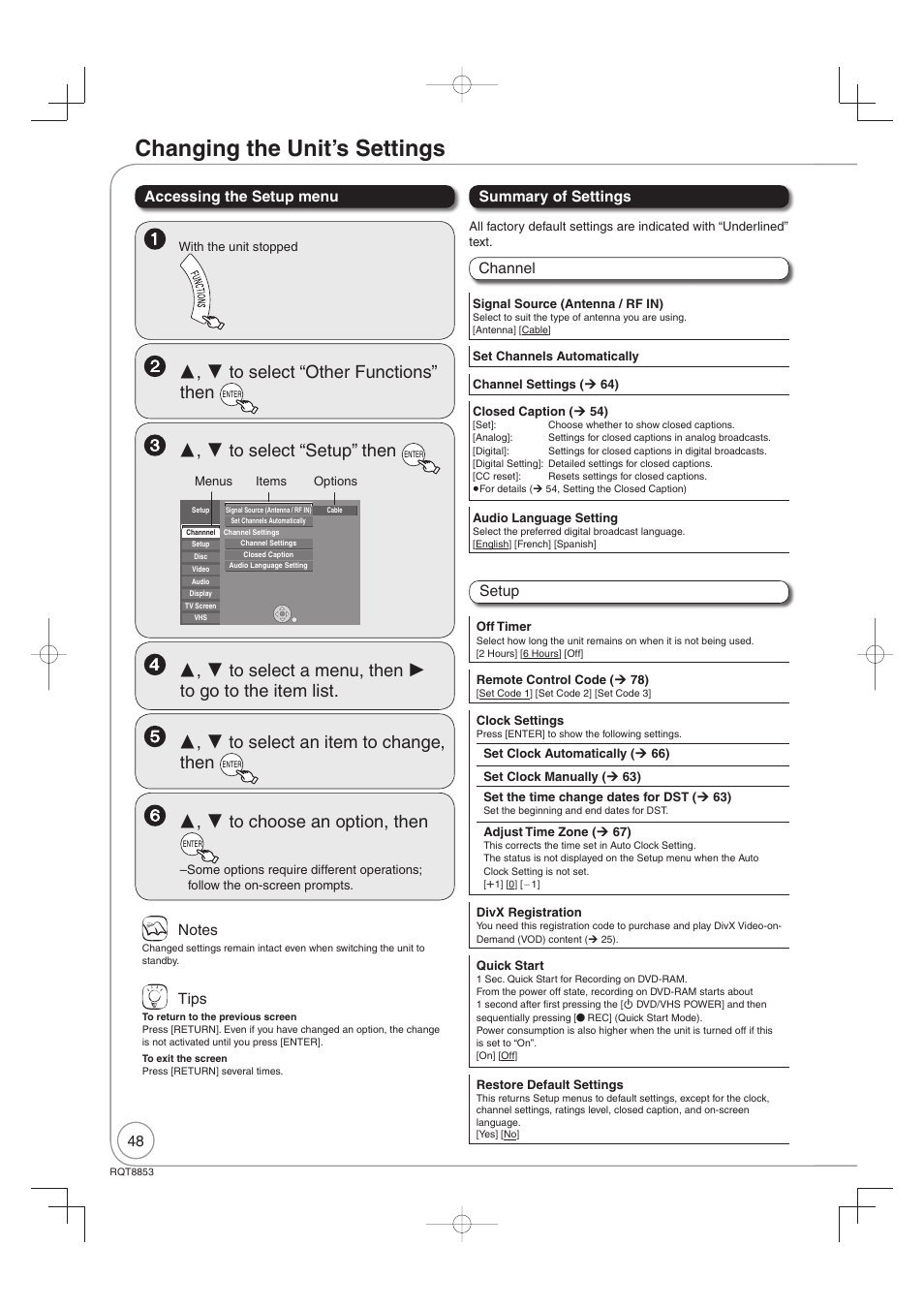 Changing the unit’s settings | Panasonic DIGA DMR-EZ47V User Manual | Page 48 / 100