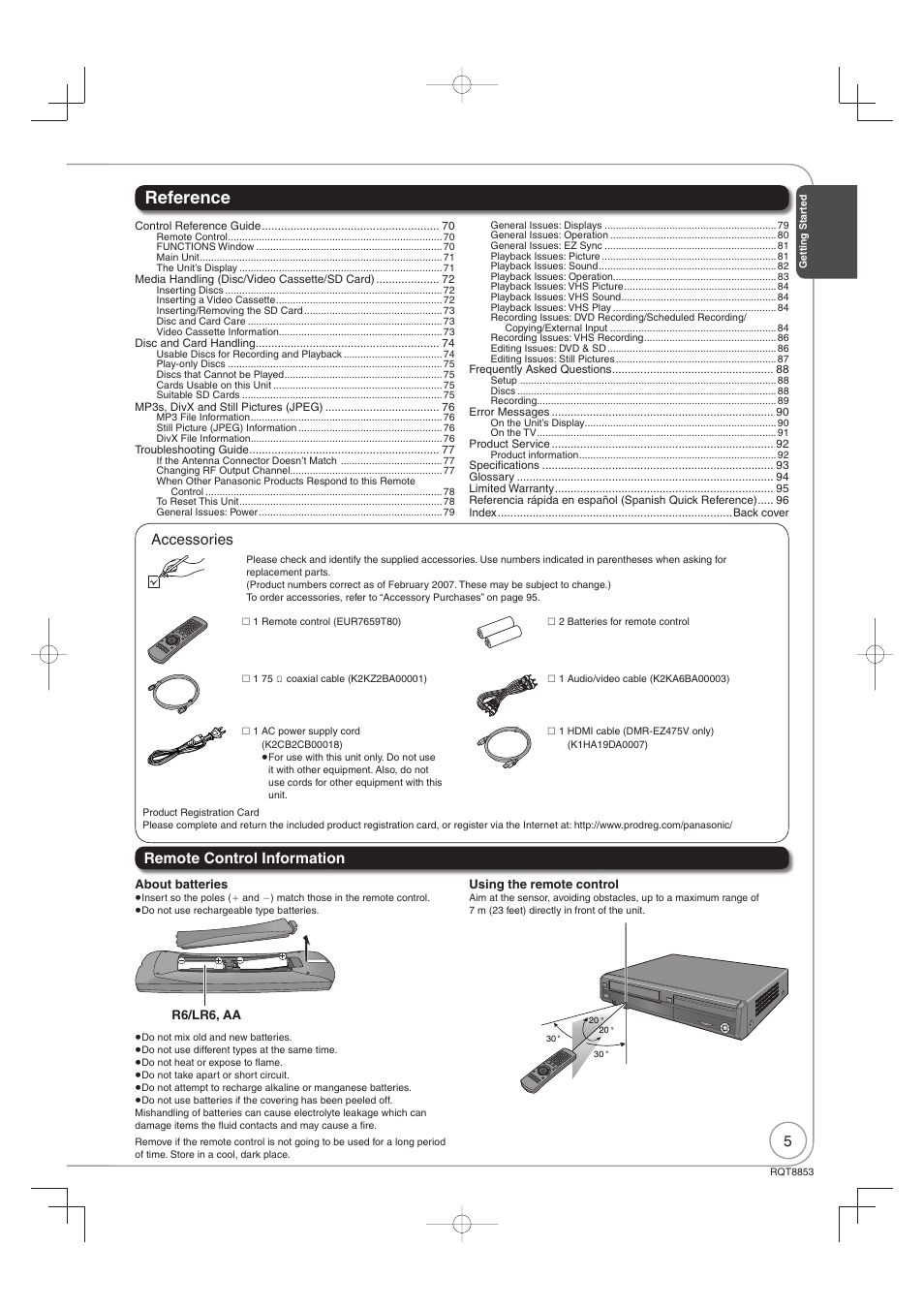 Accessories, Remote control information, Reference | Panasonic DIGA DMR-EZ47V User Manual | Page 5 / 100