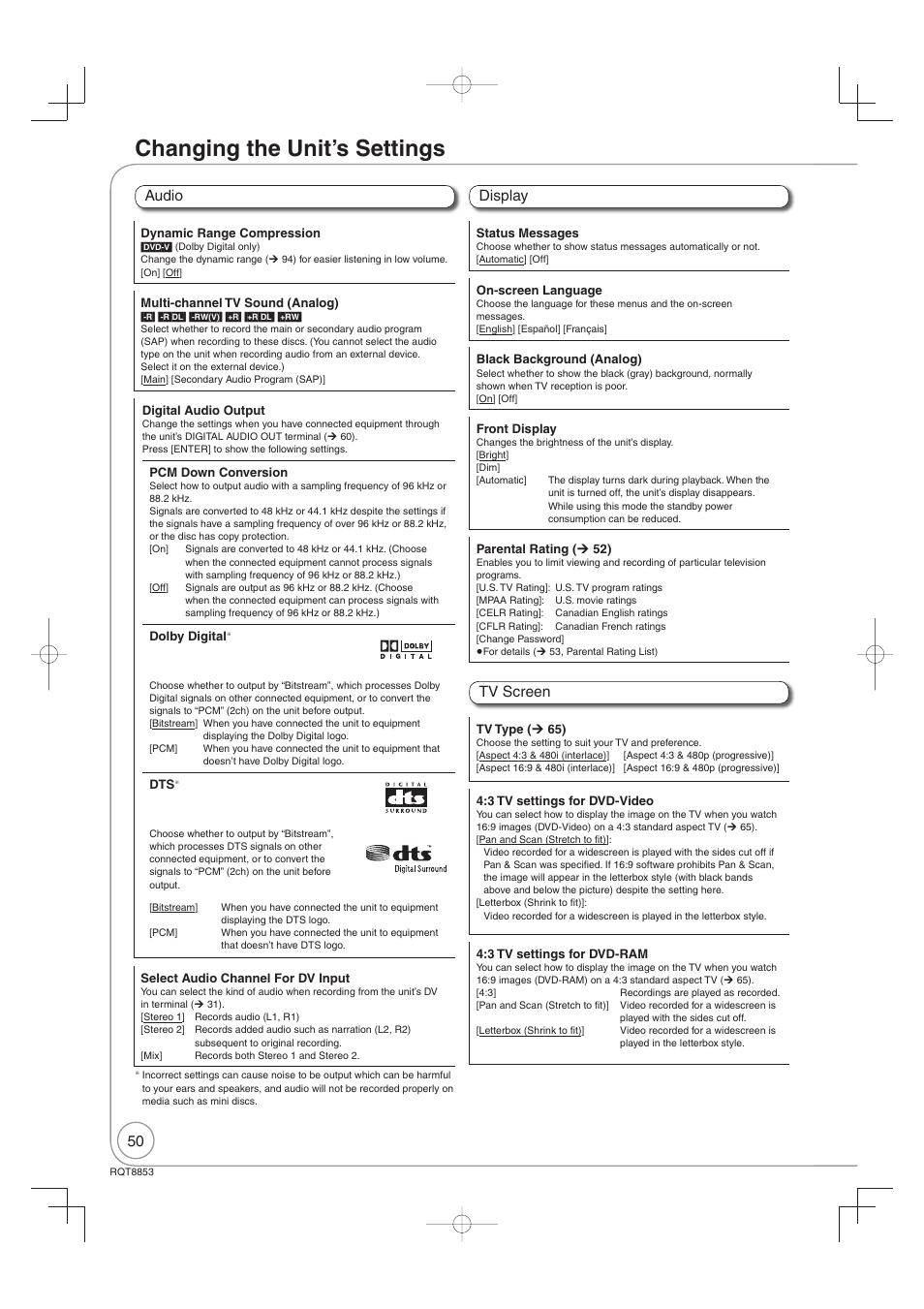 Changing the unit’s settings, Audio display tv screen | Panasonic DIGA DMR-EZ47V User Manual | Page 50 / 100