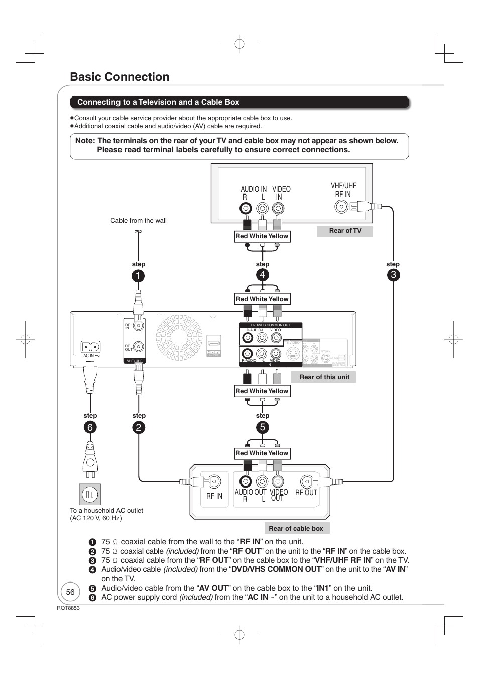 Basic connection, Rf in audio out video rf out out r l | Panasonic DIGA DMR-EZ47V User Manual | Page 56 / 100