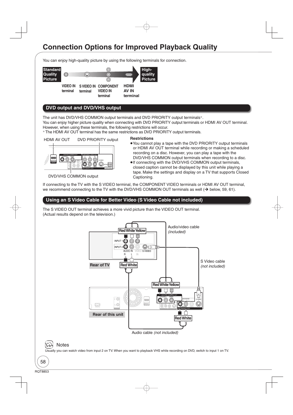 Connection options for improved playback quality, Dvd output and dvd/vhs output, Dvd/vhs common output dvd priority output | Rqt8853 | Panasonic DIGA DMR-EZ47V User Manual | Page 58 / 100