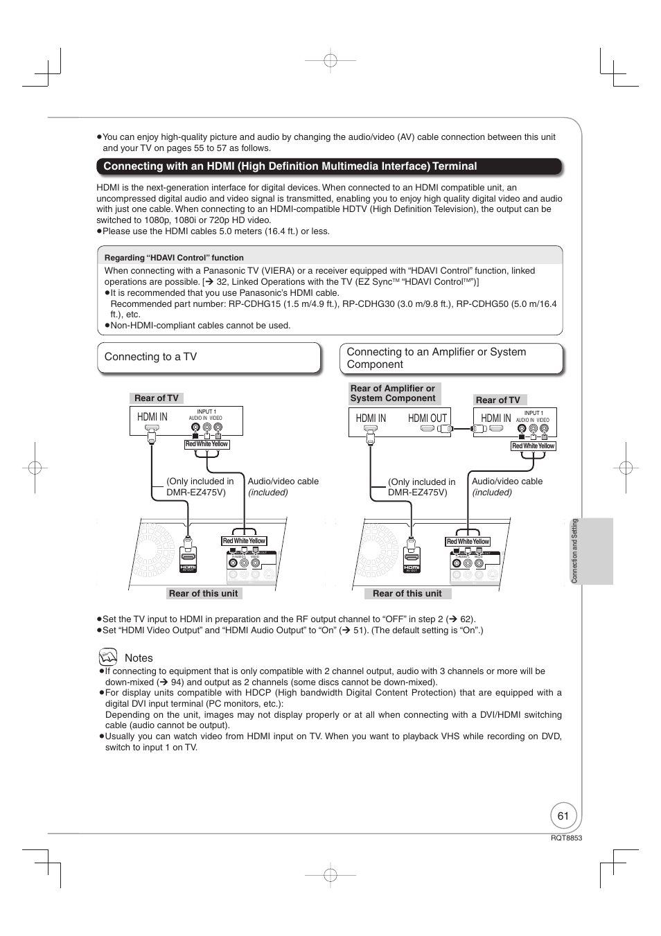 Hdmi in, Hdmi out hdmi in, Rear of tv rear of this unit | Hdavi control | Panasonic DIGA DMR-EZ47V User Manual | Page 61 / 100