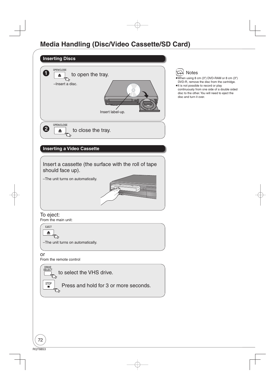 Media handling (disc/video cassette/sd card), Press and hold for 3 or more seconds | Panasonic DIGA DMR-EZ47V User Manual | Page 72 / 100