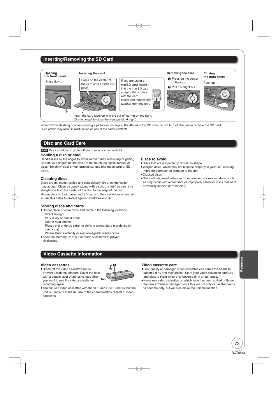 Disc and card care, Holding a disc or card, Cleaning discs | Storing discs and cards, Discs to avoid, Video cassettes, Video cassette care | Panasonic DIGA DMR-EZ47V User Manual | Page 73 / 100