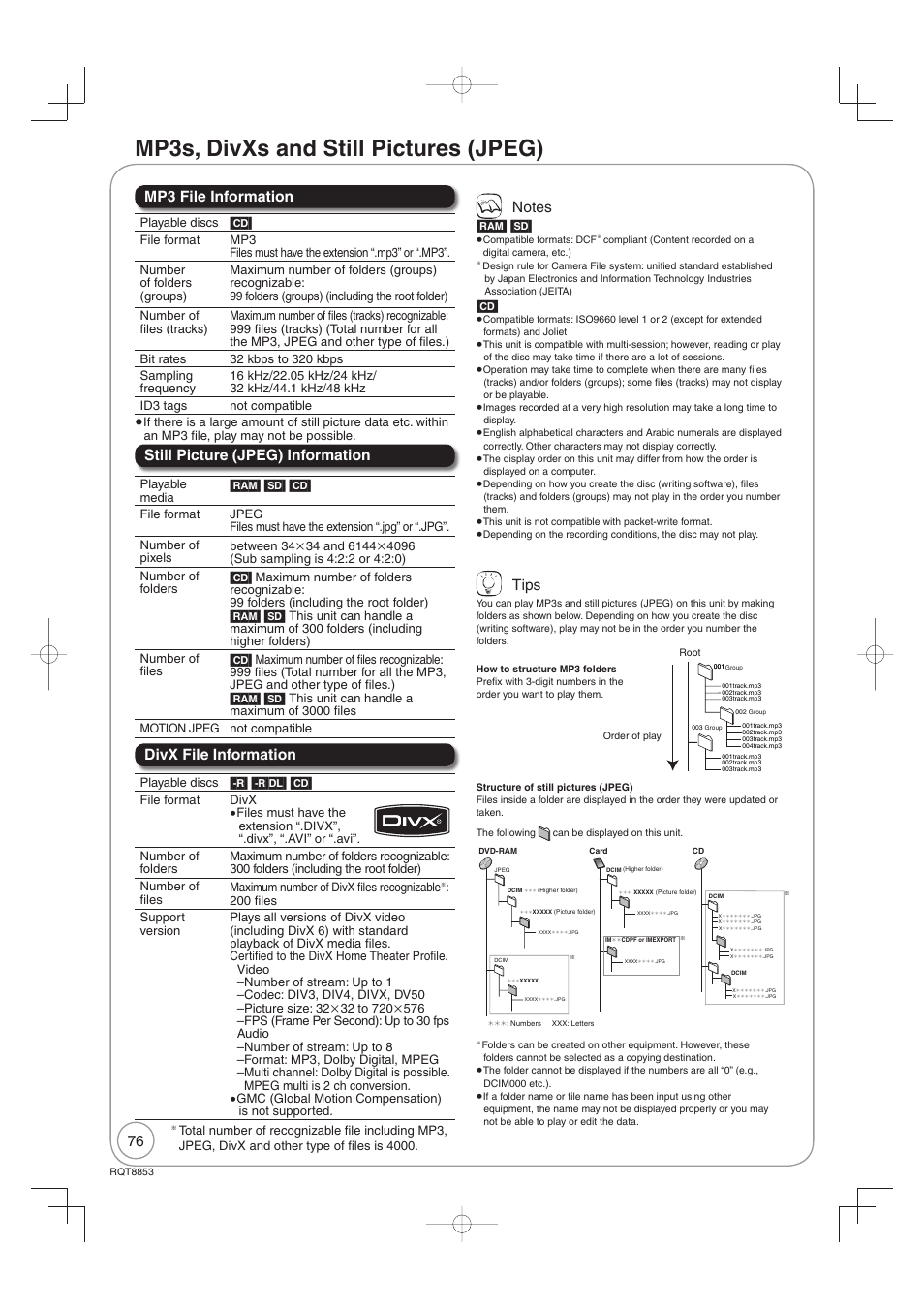 Mp3s, divxs and still pictures (jpeg), Divx file information, Tips | Panasonic DIGA DMR-EZ47V User Manual | Page 76 / 100