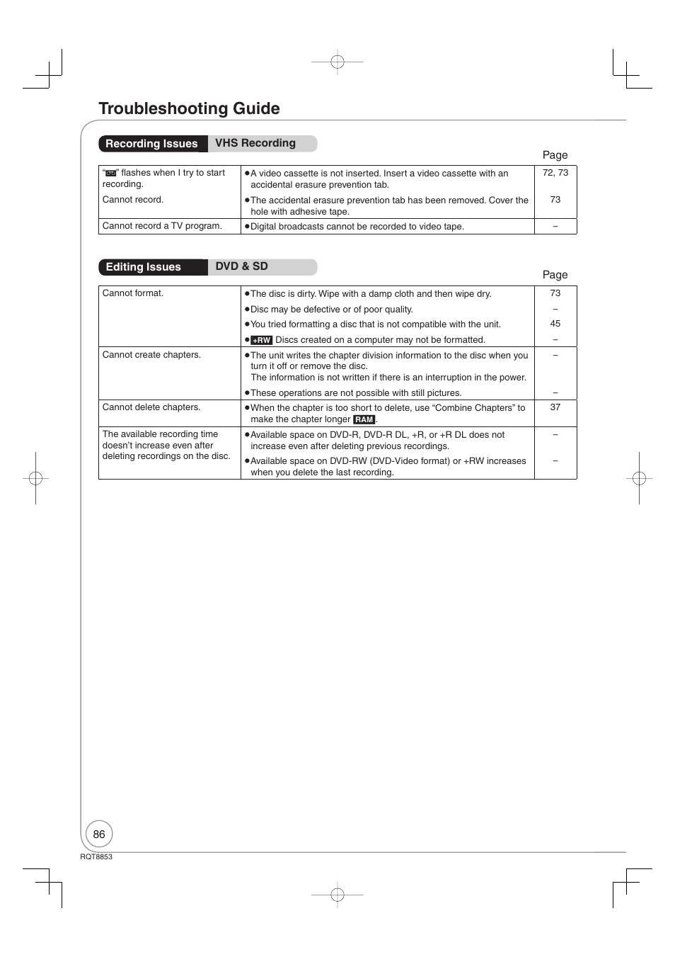 Troubleshooting guide | Panasonic DIGA DMR-EZ47V User Manual | Page 86 / 100