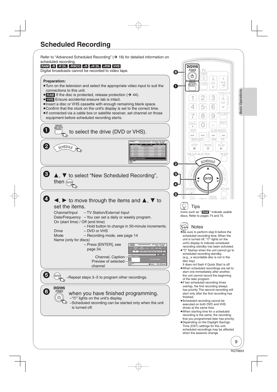 Scheduled recording, When you have fi nished programming, Tips | Panasonic DIGA DMR-EZ47V User Manual | Page 9 / 100