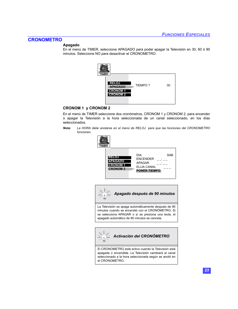 Cronometro - apagado, Cronometro 1 y cronometro 2, Cronometro | Panasonic PT-47WX49 User Manual | Page 53 / 58