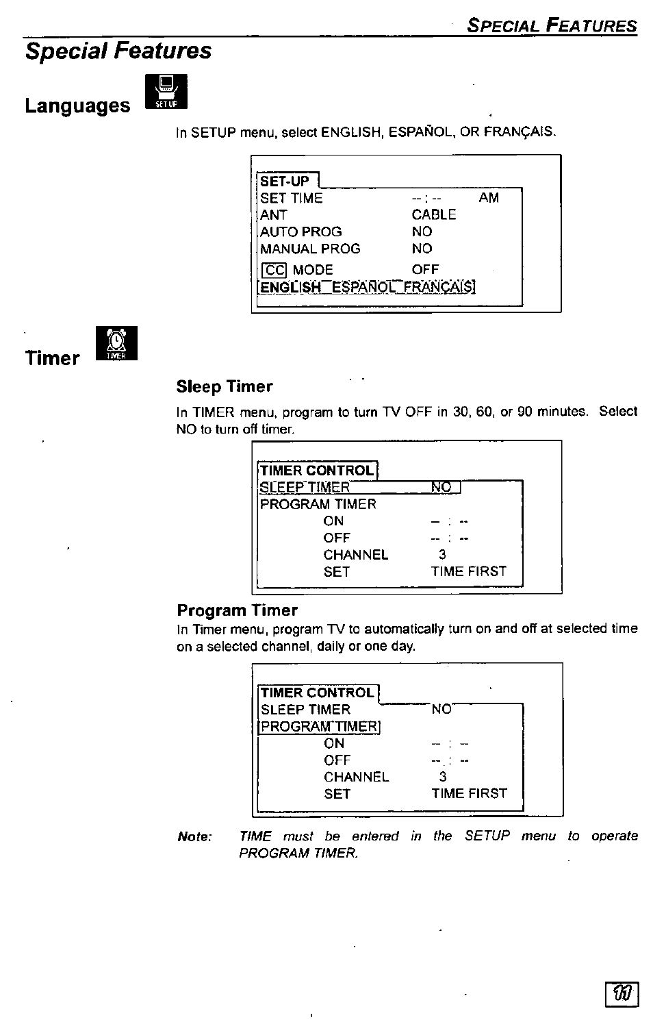Sleep timer, Program timer, Special features | Languages, Timer | Panasonic CT-2771S User Manual | Page 11 / 32