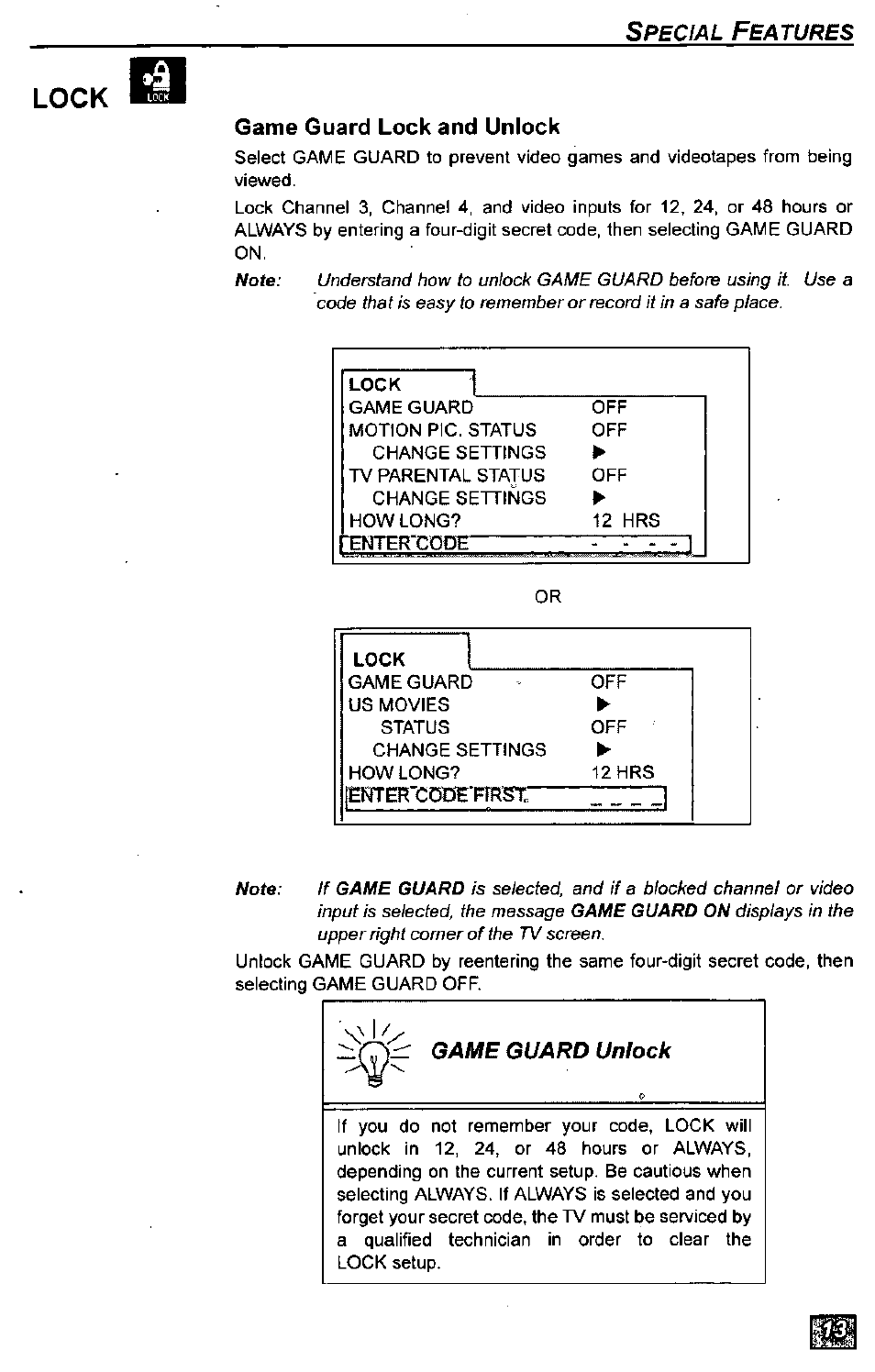 Lock, Game guard lock and unlock | Panasonic CT-2771S User Manual | Page 13 / 32