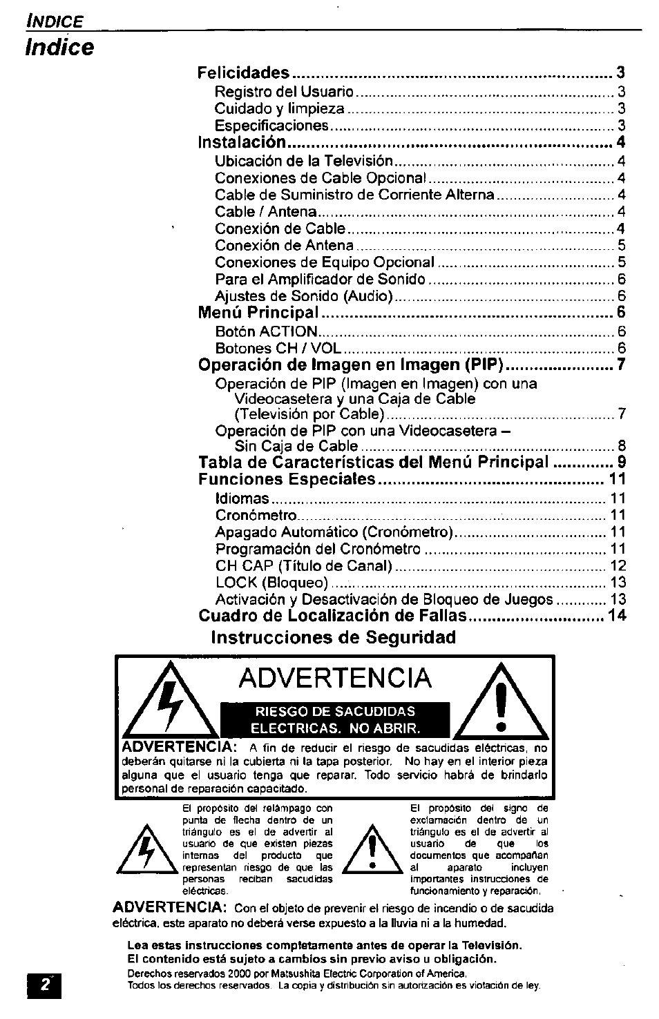 Advertencia, Indice | Panasonic CT-2771S User Manual | Page 18 / 32