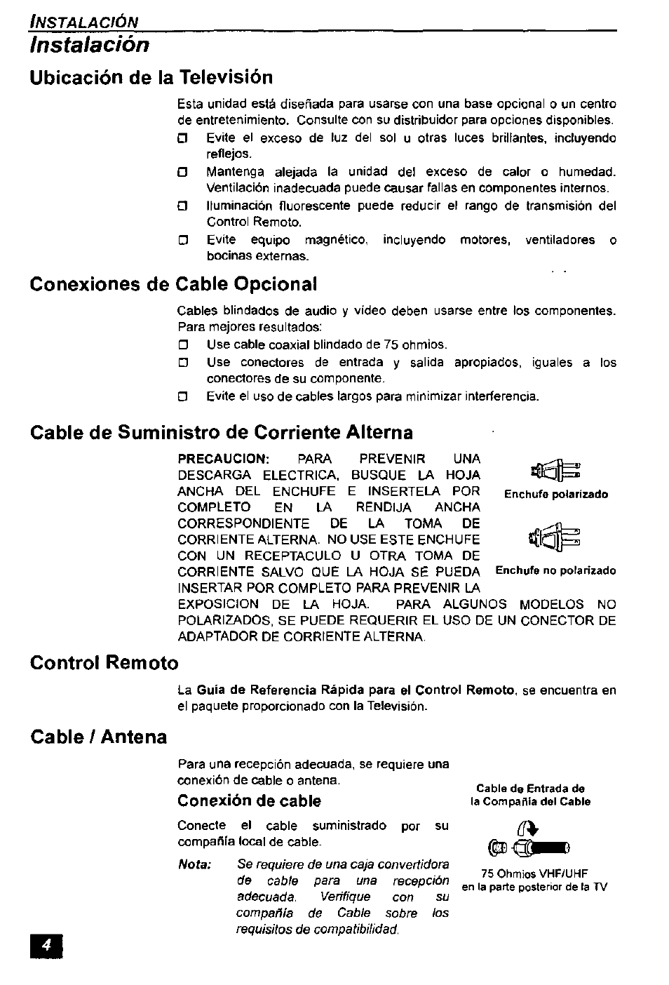 Conexión de cable, Instalación, Ubicación de la televisión | Conexiones de cable opcional, Cable de suministro de corriente alterna, Control remoto, Cable / antena, Nstalación | Panasonic CT-2771S User Manual | Page 20 / 32