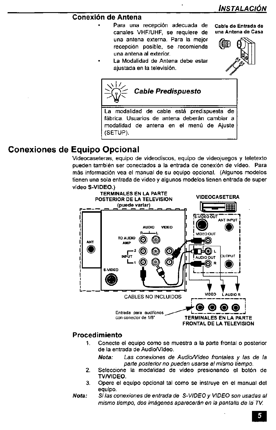 Conexión de antena, Procedimiento, Conexiones de equipo opcional | Panasonic CT-2771S User Manual | Page 21 / 32