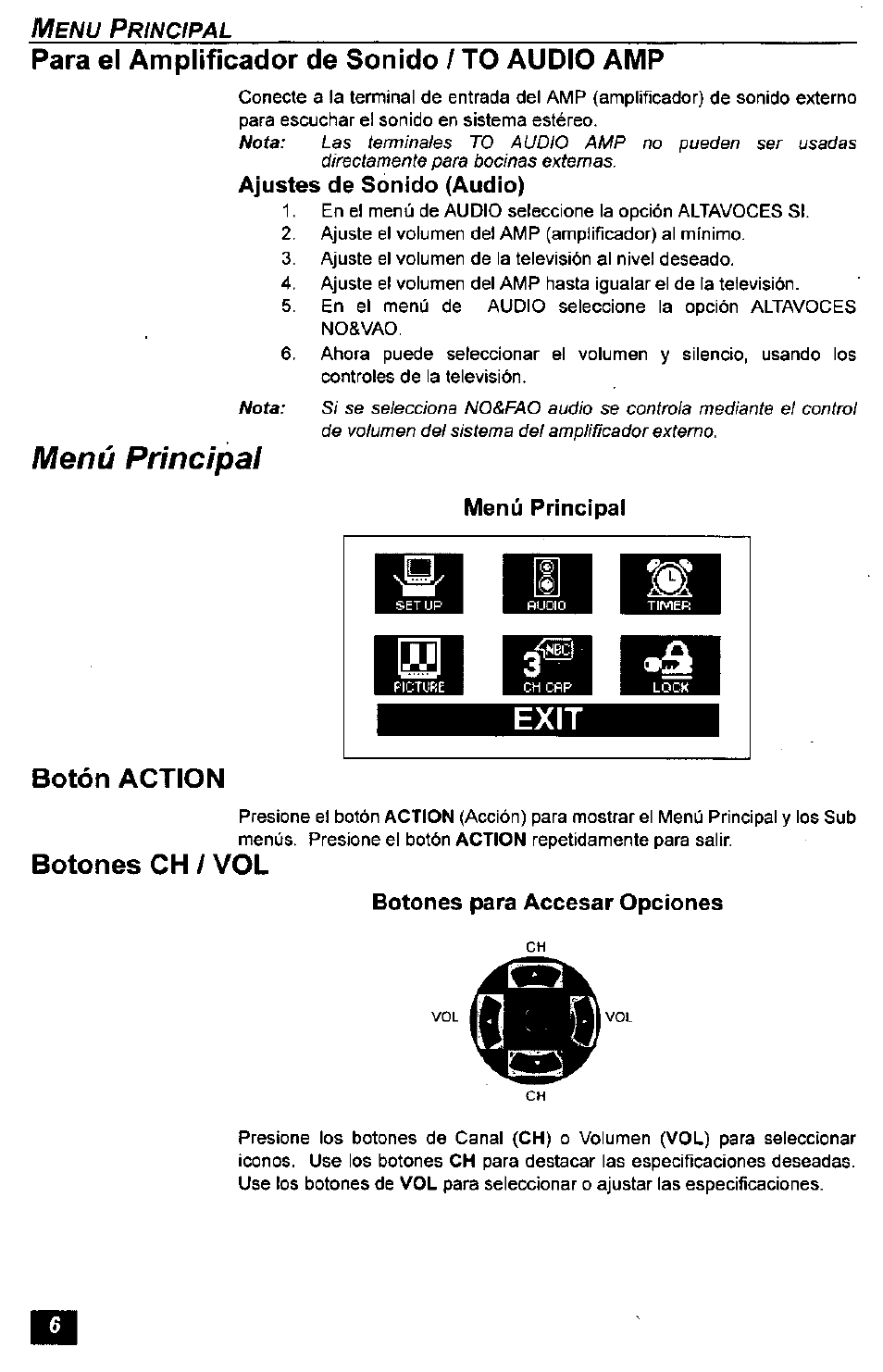 Para el amplificador de sonido / to audio amp, Ajustes de sonido (audio), Menú principal | Botón action, Botones ch / vol, Botones para accesar opciones, Botón action botones c h / v o l | Panasonic CT-2771S User Manual | Page 22 / 32