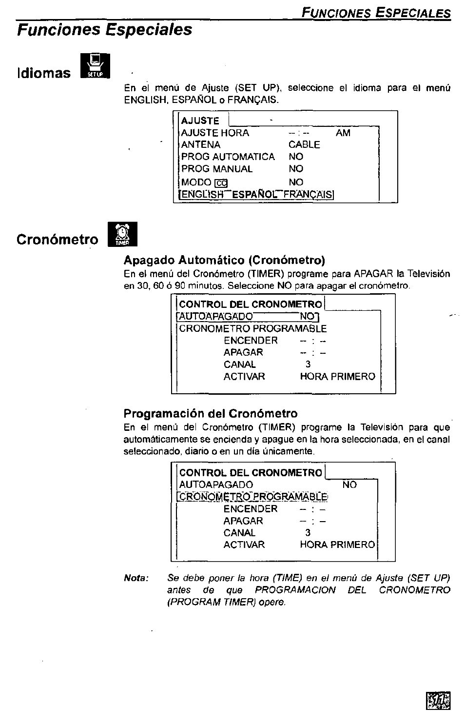 Funciones especiales, Idiomas, Cronómetro | Panasonic CT-2771S User Manual | Page 27 / 32