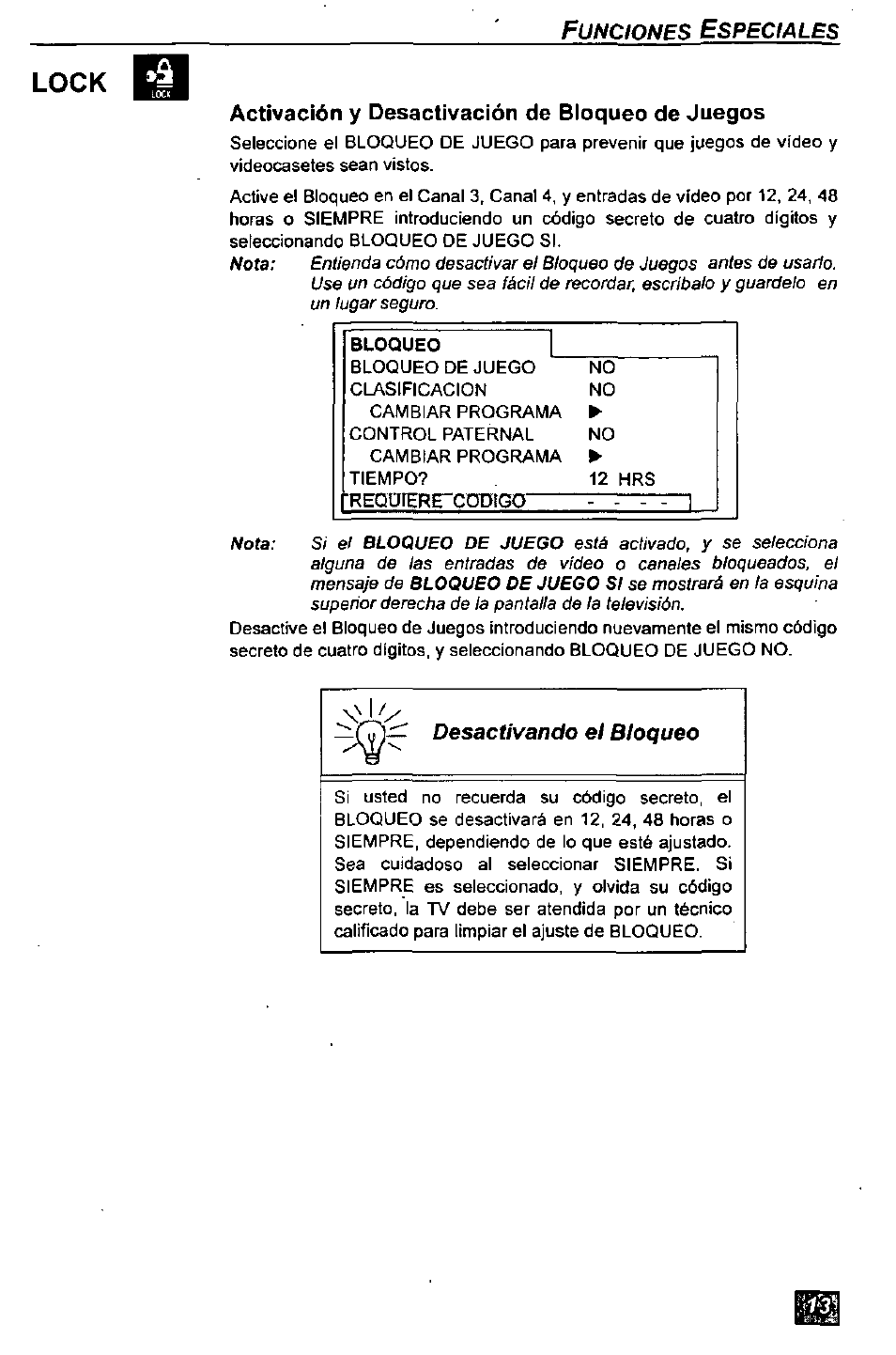Lock, Activación y desactivación de bloqueo de juegos | Panasonic CT-2771S User Manual | Page 29 / 32
