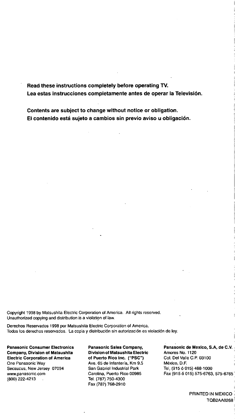 Panasonic CT-27G3 User Manual | Page 12 / 12