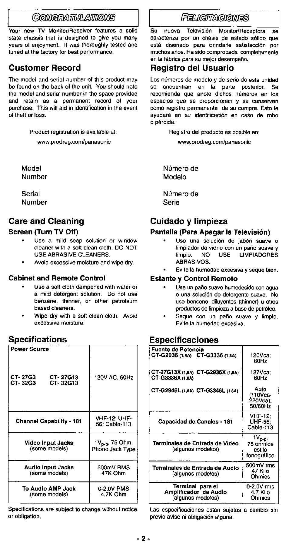 Тшшошшяш, Customer record, Registro del usuario | Care and cleaning, Screen (turn tv off), Cabinet and remote control, Specifications, Cuidado y limpieza, Pantalla (para apagar la televisión), Estante y control remoto | Panasonic CT-27G3 User Manual | Page 2 / 12