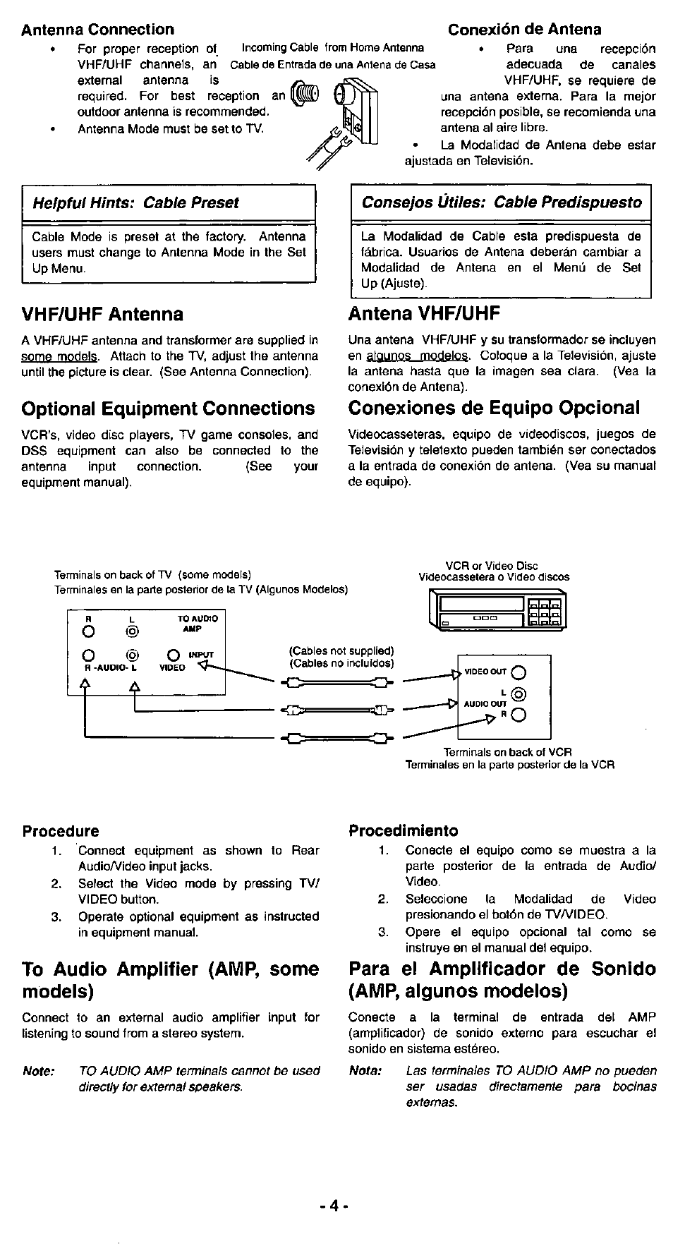Antenna connection, Conexión de antena, Vhf/uhf antenna | Optional equipment connections, Antena vhf/uhf, Conexiones de equipo opcional, Procedure, Procedimiento, To audio amplifier (amp, some models) | Panasonic CT-27G3 User Manual | Page 4 / 12