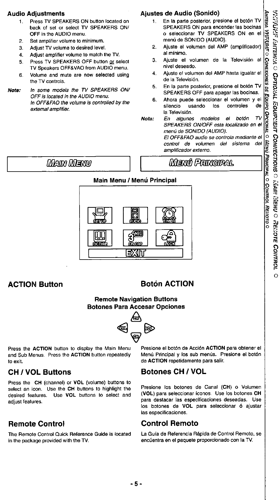 Audio adjustments, Ajustes de audio (sonido), Main menu / menú principal | Botón action, Ch / vol buttons, Remote control, Botones ch / vol, Control remoto, Wsmssümm, Action button botón action | Panasonic CT-27G3 User Manual | Page 5 / 12