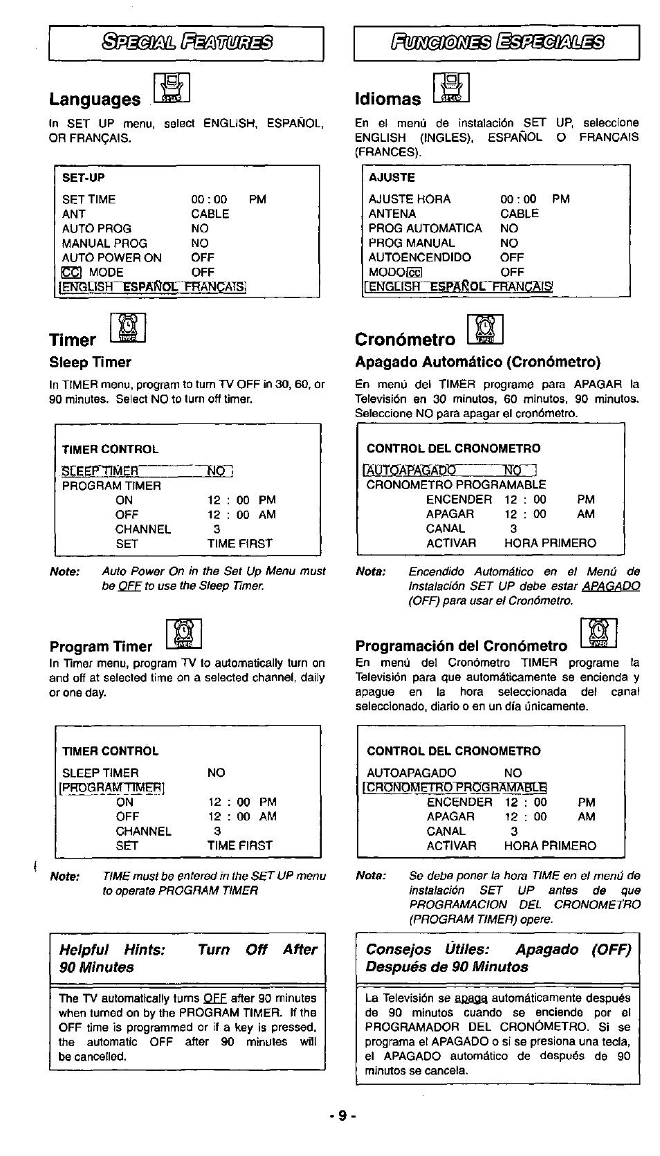 Languages, Idiomas, Timer | Sleep timer, Program timer, Programación del cronómetro, Spmmilímmmiam, Cronómetro | Panasonic CT-27G3 User Manual | Page 8 / 12