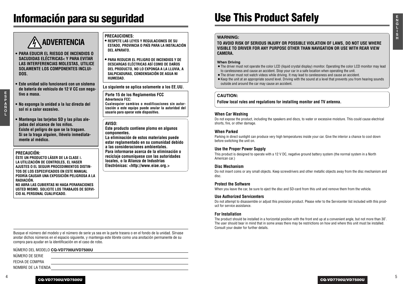 Use this product safely, Información para su seguridad, Advertencia | Panasonic CQ-VD7700U User Manual | Page 3 / 44