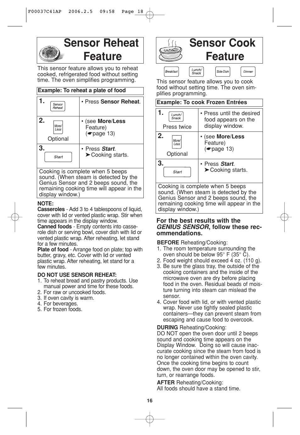 Sensor reheat feature, Sensor cook feature, Sensor reheat feature sensor cook feature | Panasonic T735 User Manual | Page 18 / 60