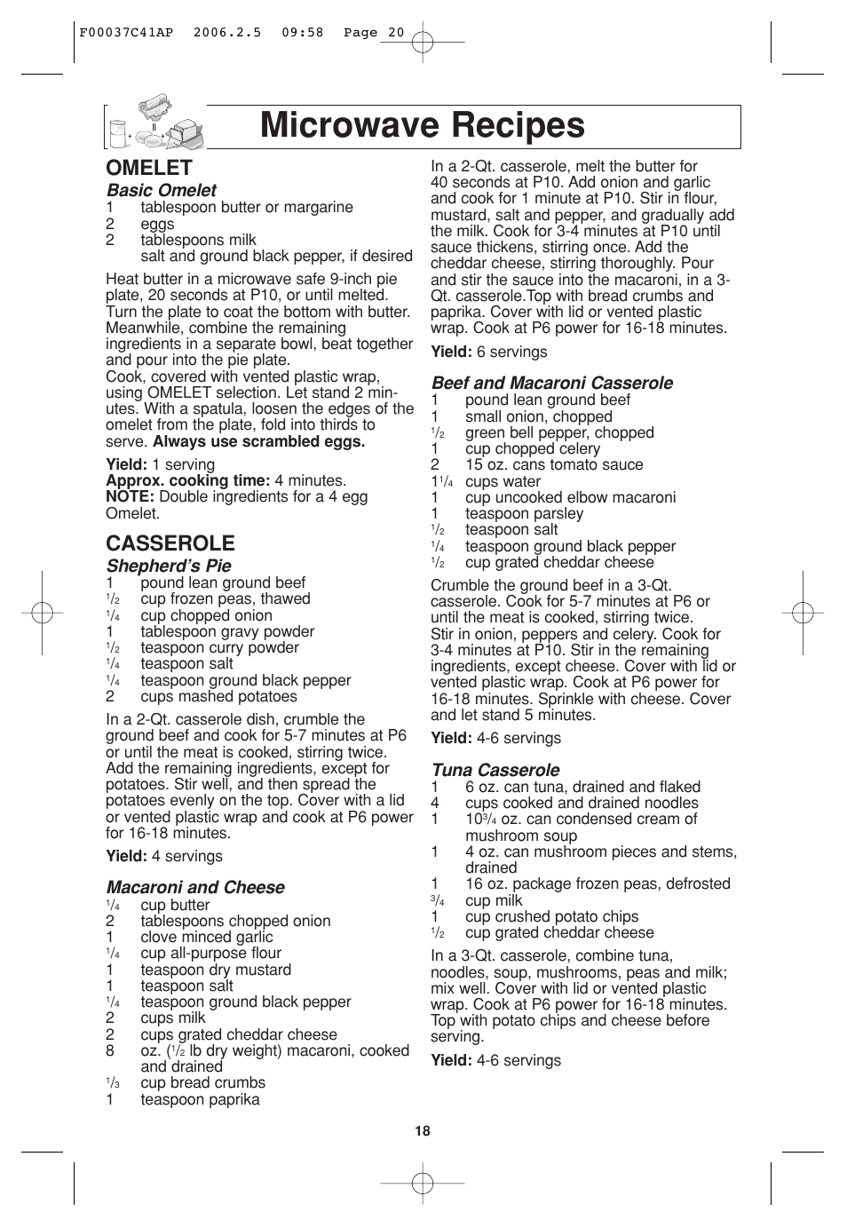 Microwave recipes, Omelet, Casserole | Basic omelet, Shepherd’s pie, Macaroni and cheese, Beef and macaroni casserole, Tuna casserole | Panasonic T735 User Manual | Page 20 / 60