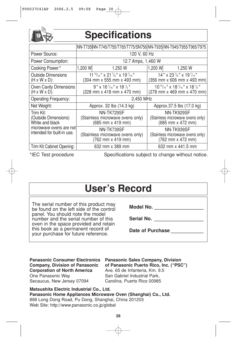 Specifications, User's record, User’s record | Panasonic T735 User Manual | Page 30 / 60
