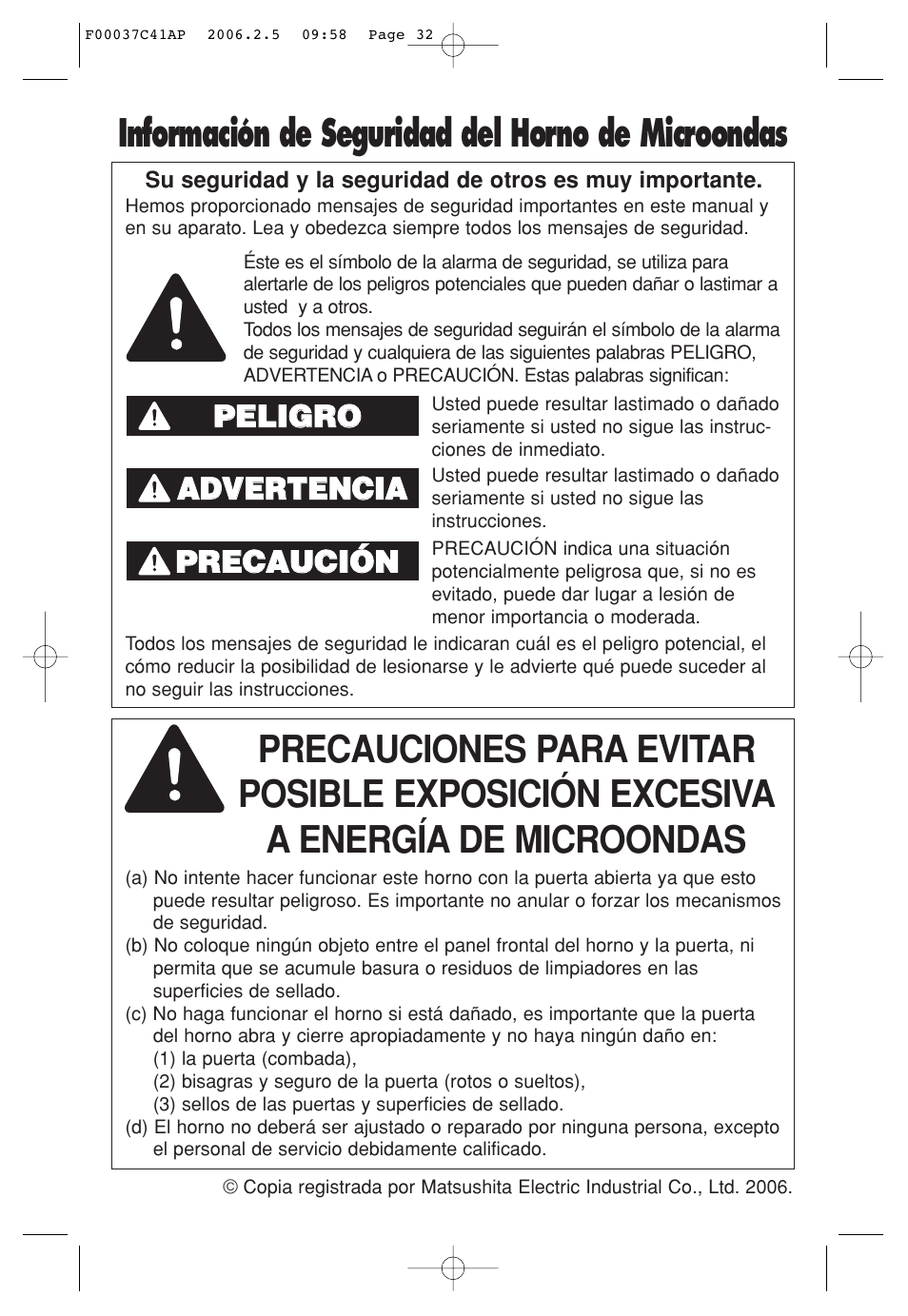 Informacion de seguridad, Precauciones, Información de seguridad del horno de microondas | Ppr re ec ca au uc ciió ón n | Panasonic T735 User Manual | Page 32 / 60