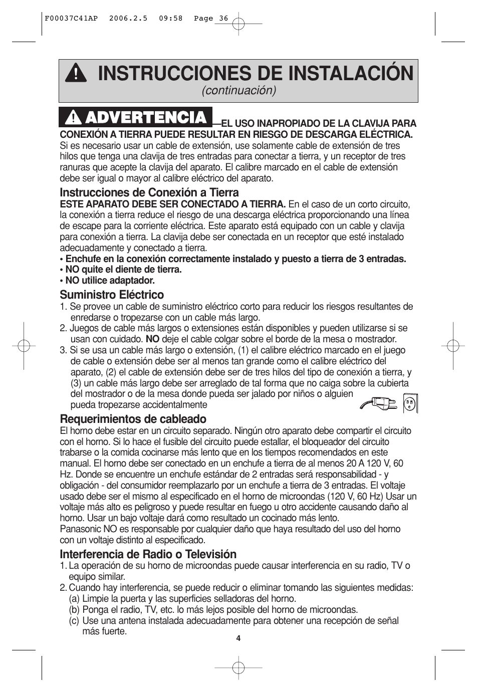 Instrucciones de instalación, Aad dv ve er rt te en nc ciia a | Panasonic T735 User Manual | Page 36 / 60