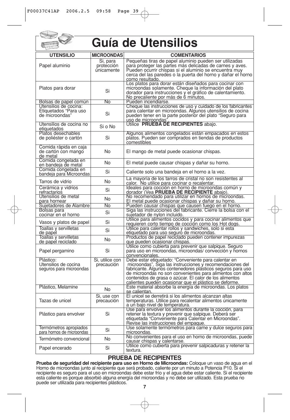 Informacion general, Guia de utensilios, Guía de utensilios | Prueba de recipientes | Panasonic T735 User Manual | Page 39 / 60