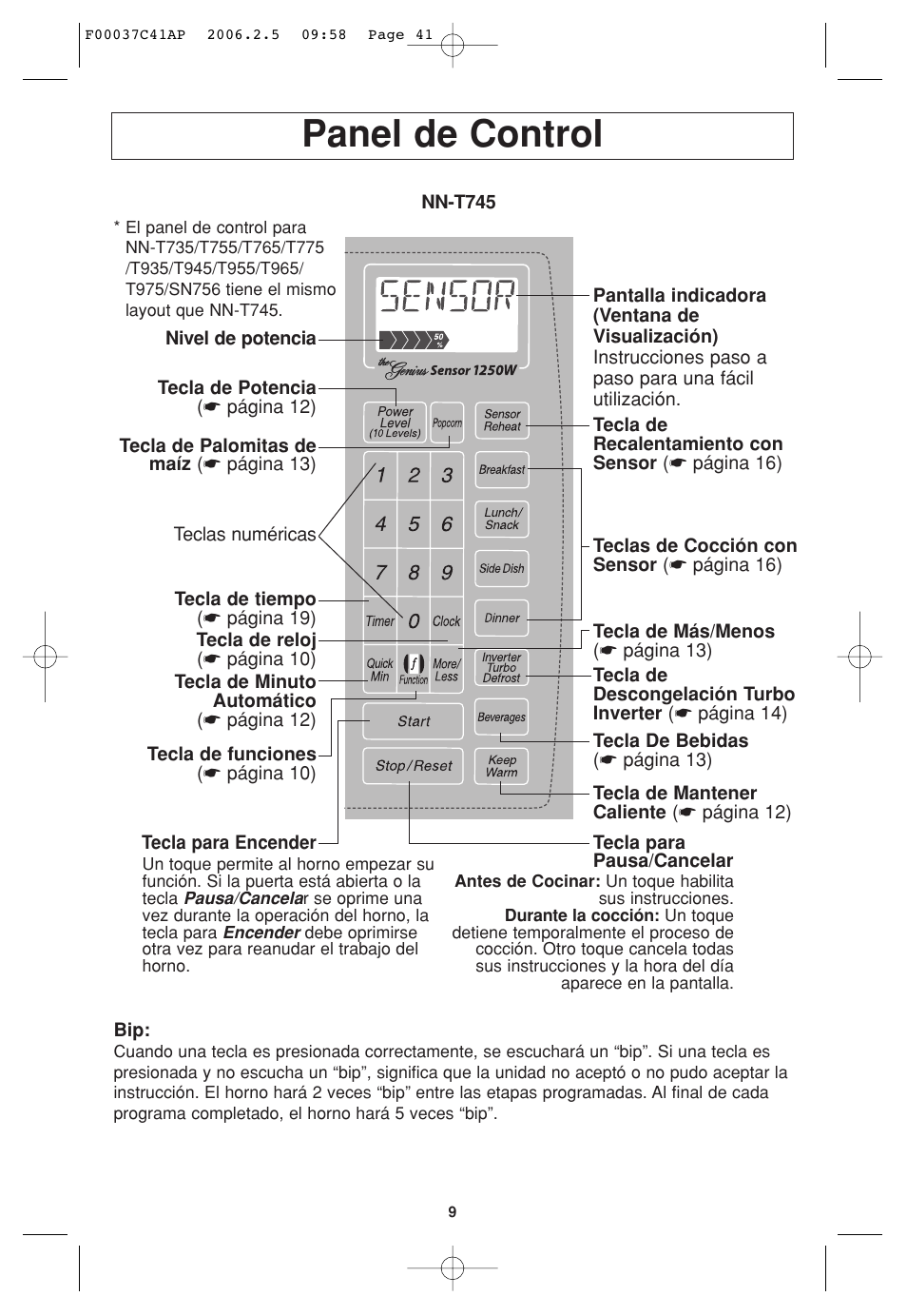 Operacion, Panel de control | Panasonic T735 User Manual | Page 41 / 60