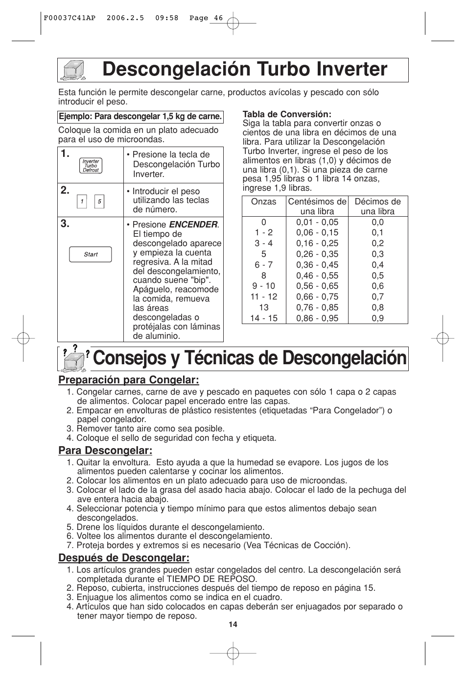 Funcion de descongelacion turbo inverter, Consejos y tecnicas de descongelacion, Descongelación turbo inverter | Consejos y técnicas de descongelación | Panasonic T735 User Manual | Page 46 / 60