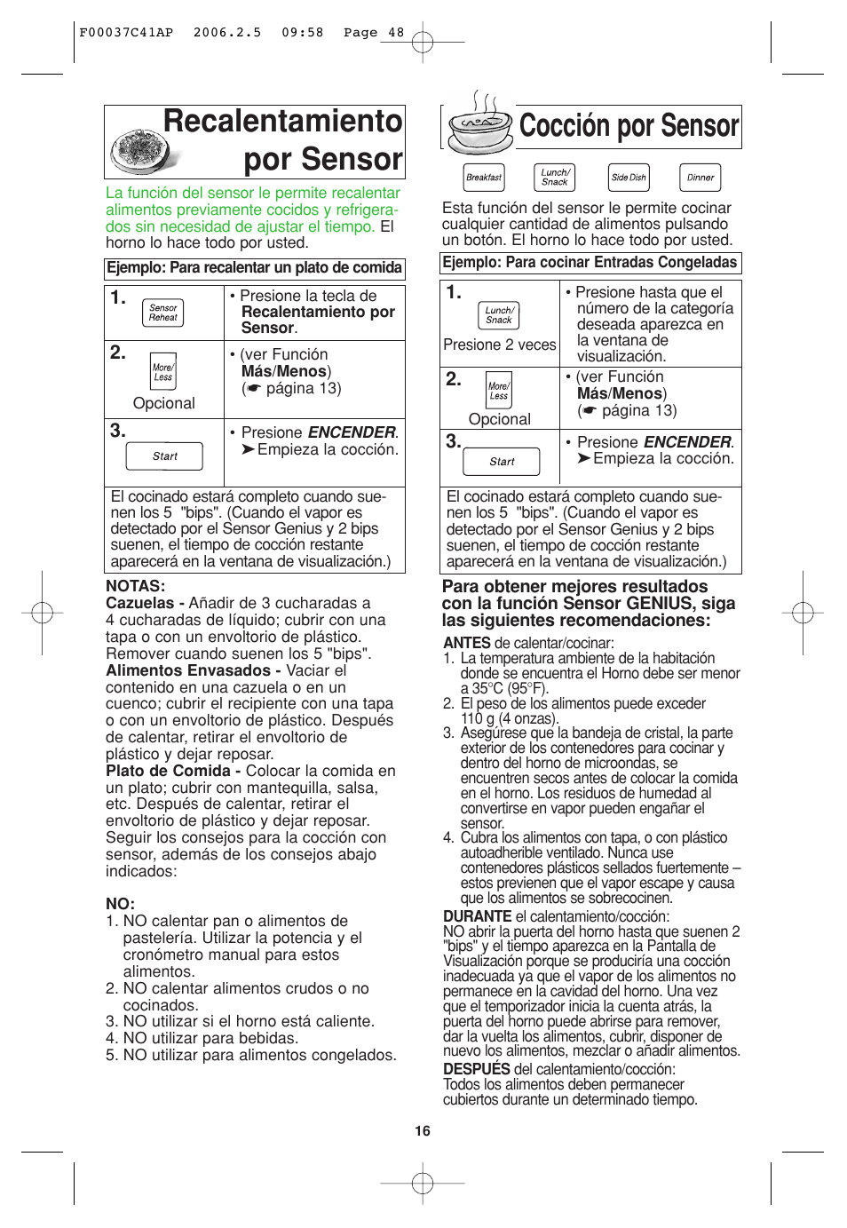 Funcion de coccion por sensor, Funcion de recalentamiento por sensor, Recalentamiento por sensor cocción por sensor | Panasonic T735 User Manual | Page 48 / 60