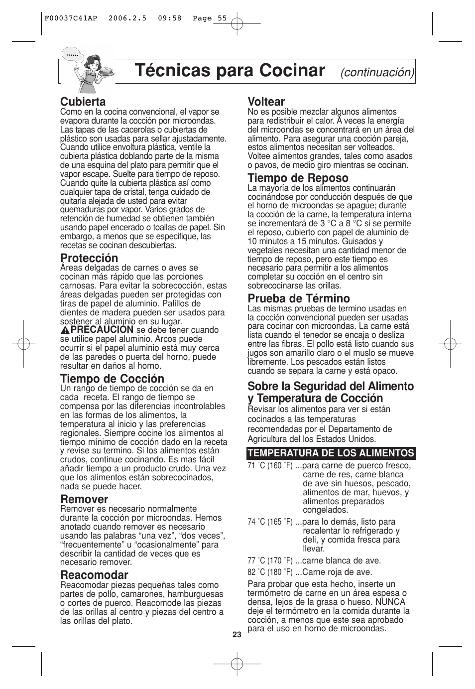 Técnicas para cocinar, Continuación) cubierta, Protección | Tiempo de cocción, Remover, Reacomodar, Voltear, Tiempo de reposo, Prueba de término | Panasonic T735 User Manual | Page 55 / 60