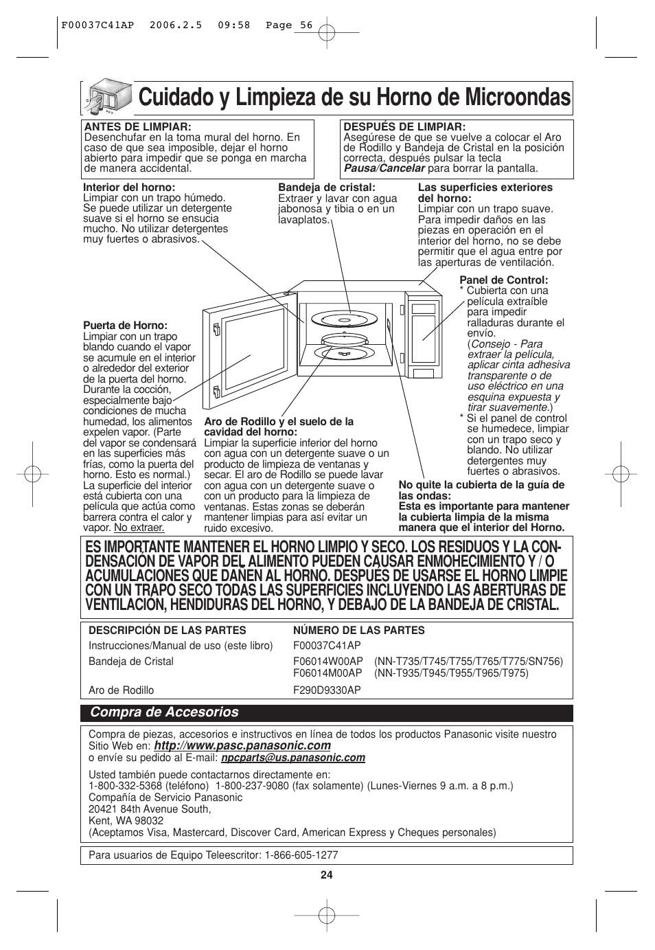 Cuidado y limpieza de su horno de microondas, Compra de accesorios | Panasonic T735 User Manual | Page 56 / 60