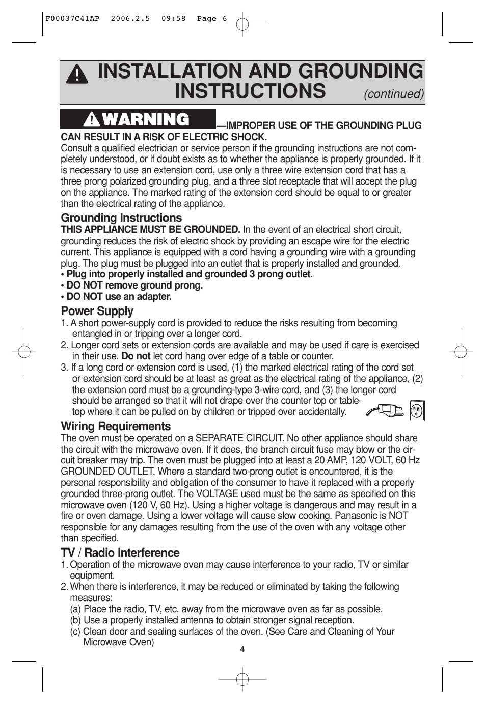Installation and grounding instructions, Wwa ar rn niin ng g | Panasonic T735 User Manual | Page 6 / 60