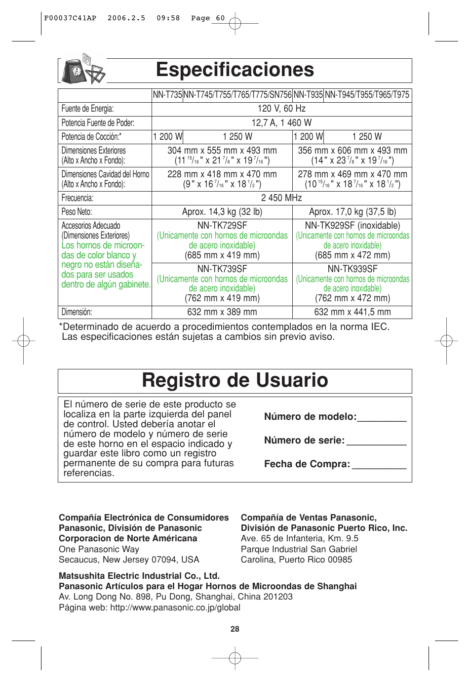 Especificaciones, Registro del usuario, Registro de usuario | Panasonic T735 User Manual | Page 60 / 60