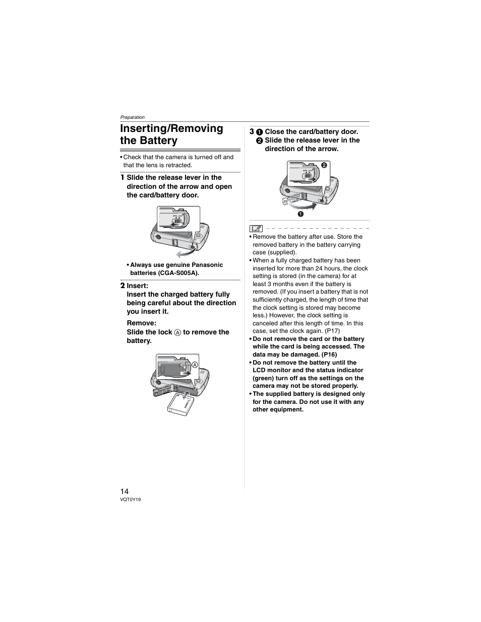 Inserting/removing the battery | Panasonic DMC-FX50 User Manual | Page 14 / 128