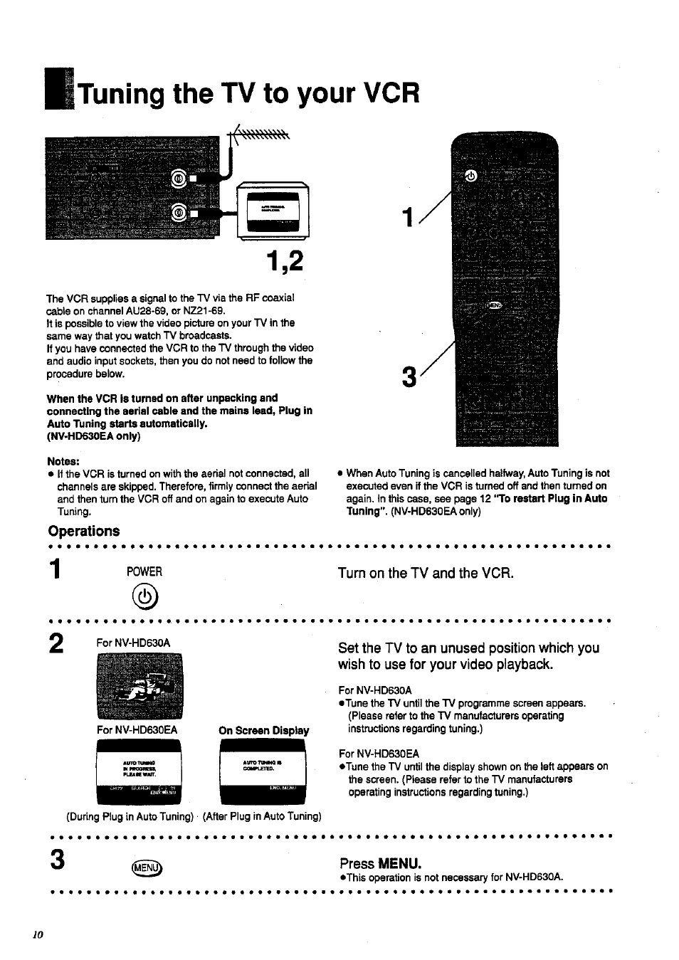Tuning the tv to your vcr, Operations, Turn on the tv and the vcr | Press menu | Panasonic NV-HD 630 User Manual | Page 10 / 40