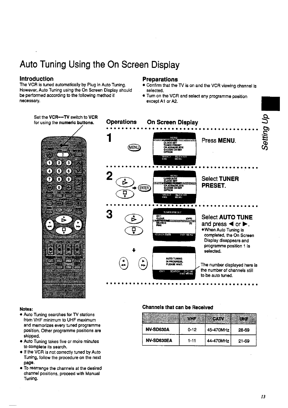 Auto tuning using the on screen dispiay, Introduction, Preparations | Operations on screen display, Press menu, Select tuner preset, Select auto tune and press or | Panasonic NV-HD 630 User Manual | Page 13 / 40